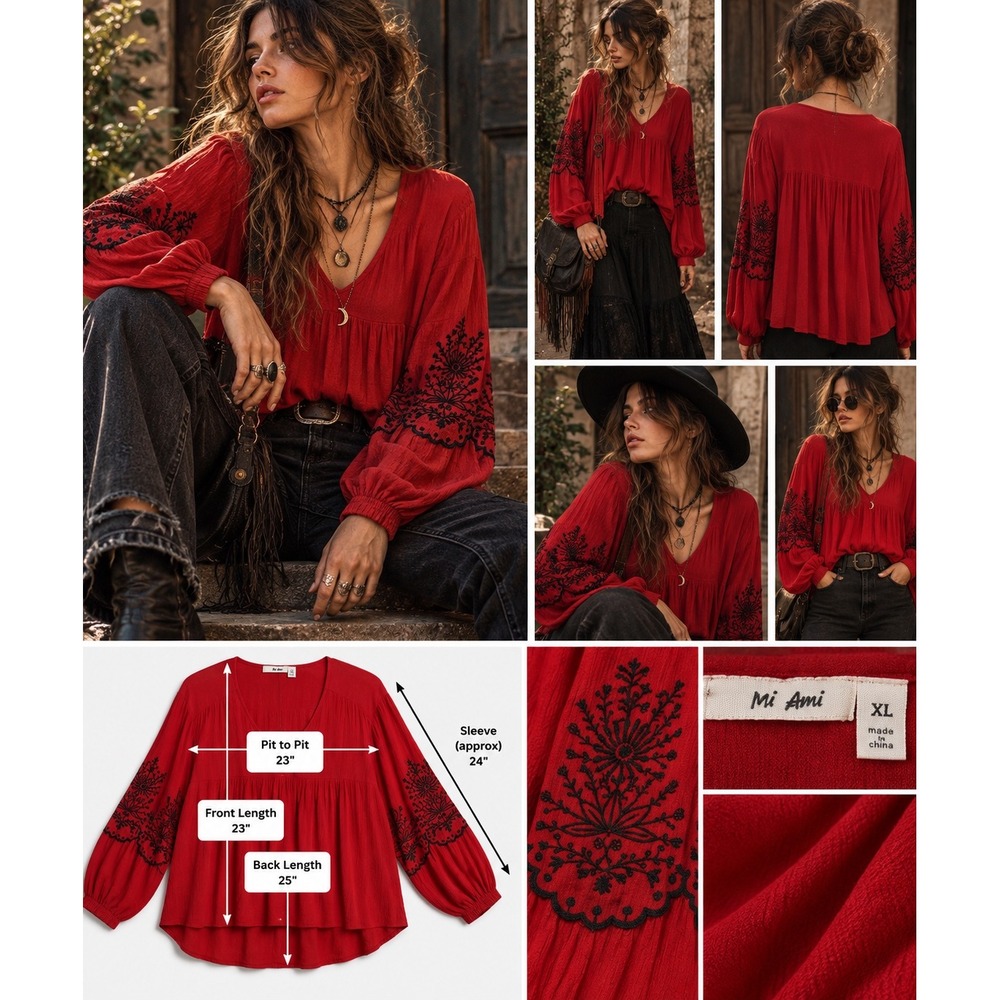 Mi Ami Red Boho Whimsigoth Embroidered Blouse XL Peasant Witchy Balloon Sleeve
